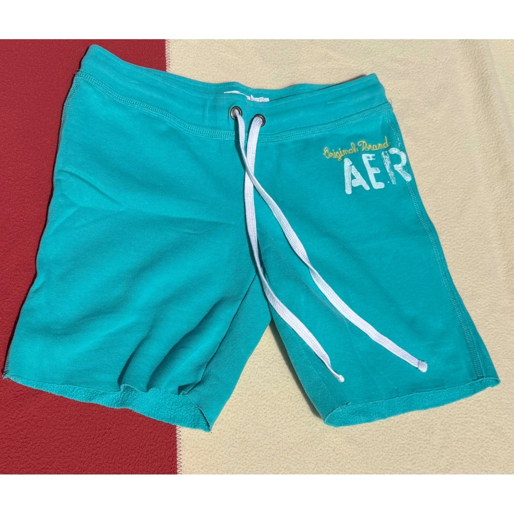 Y2 K Aeropostale Womens Teal Blue Fleece Sweat Shorts AERO Graphic Drawstring M